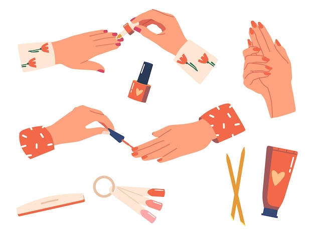 Vector set mujeres manos manicura procedimiento personaje femenino cubierta uñas con paleta de colores polaco lima de uñas palos de madera tubo de crema de manos aislado en fondo blanco dibujos animados gente vector ilustración