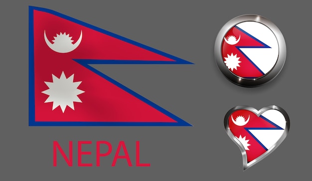 Vector set nación nepal bandera botón brillante corazón