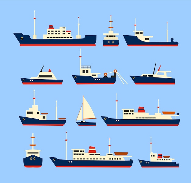 Set de naves. siluetas de varios barcos y yates.