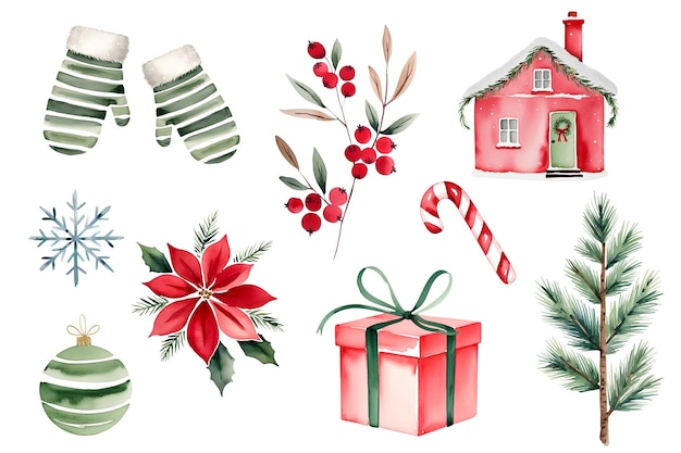Set de Navidad de acuarela de abeto de Navidad flor de nieve copos de nieve bayas regalo de casa y guantes
