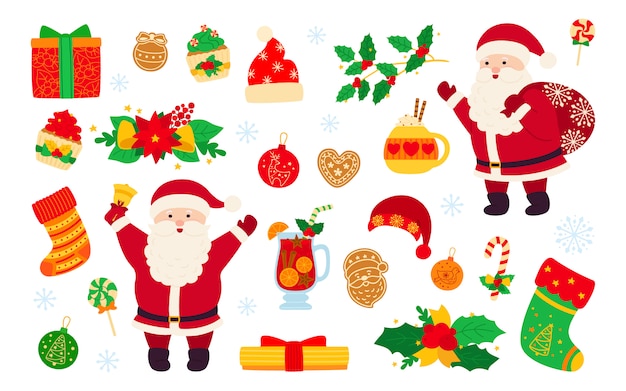 Set de Navidad y año nuevo. Holly cupcake, campana, copa, sombrero, regalo de santa y galletas, vino caliente. Elementos de diseño plano de dibujos animados. Año nuevo, colección de objetos de navidad. Ilustración aislada