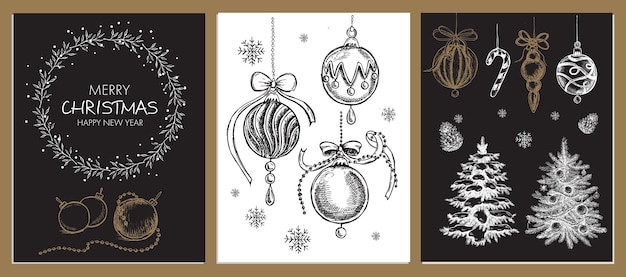 Set de Navidad con bola en el estilo de boceto venta de invierno Ilustración dibujada a mano