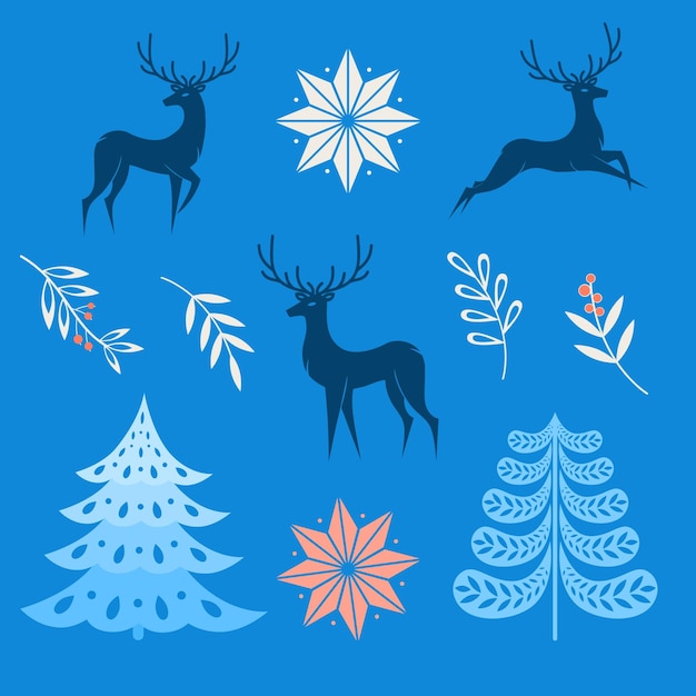 Set de Navidad con ciervos árboles plantas y estrellas en fondo azul