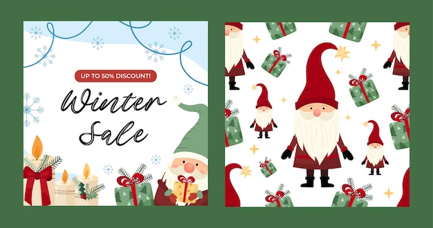 Set de Navidad Estandarte de venta de invierno con un gnomo alegre sosteniendo un regalo y un patrón de Navidad sin costuras