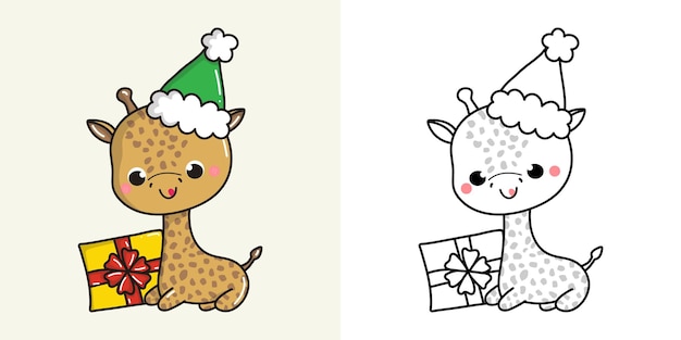 Set navidad jirafa multicolor y blanco y negro kawaii clip art navidad animal africano