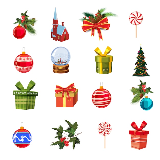 Vector set navideño con ramas de pino, decoraciones, dulces, cintas, cajas de regalos, globo cnow, pino, bolas navideñas