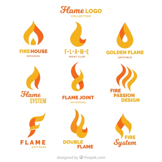 Set de nueve logos de llamas en diseño plano