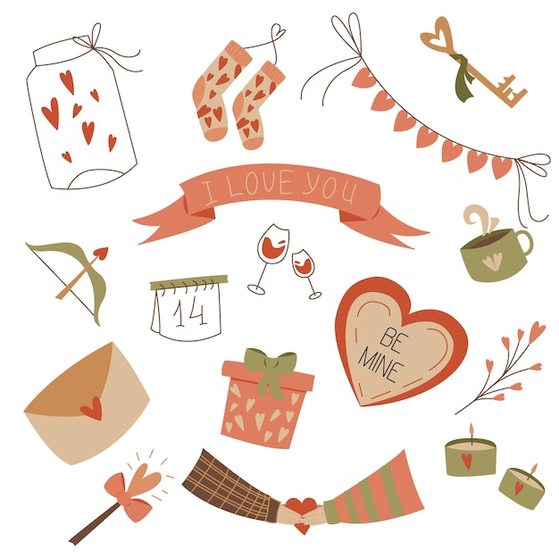 Set con objetos románticos Colección de iconos Ilustración vectorial