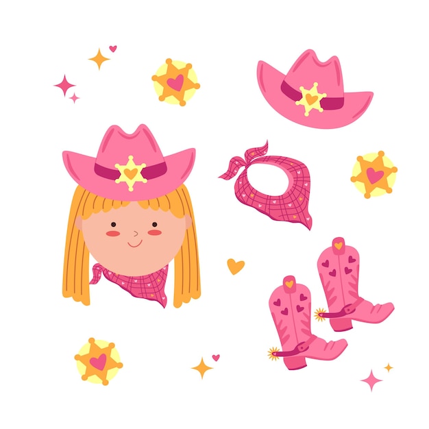El set occidental con una linda vaquera botas de vaquero sombrero de cowboy estrella del sheriff para papel de envoltura de invitaciones