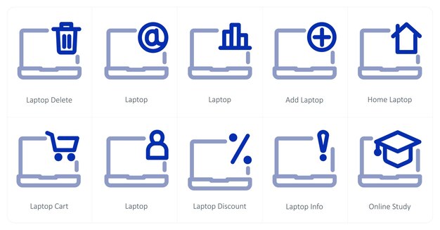 A set of 10 micro icons as laptop delete laptop add laptop