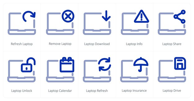 A set of 10 micro icons as refresh laptop remove laptop laptop download