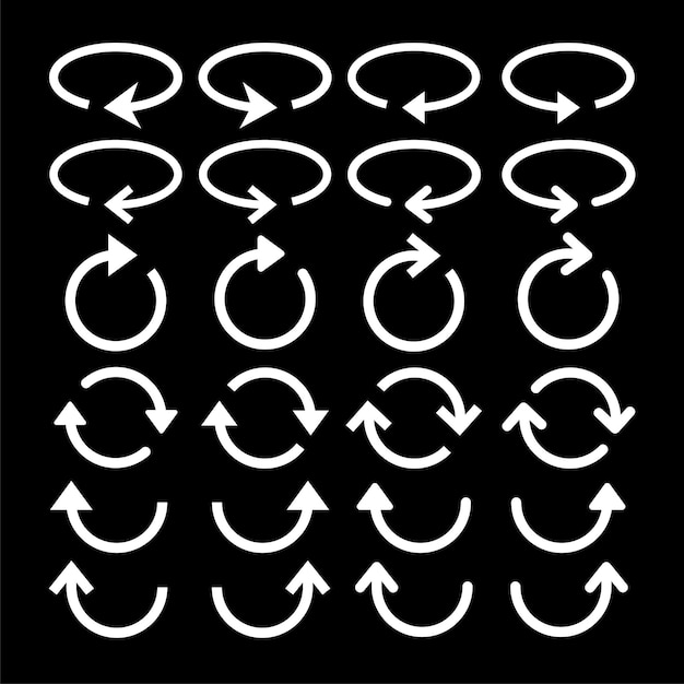 Set of 20 white arrow icons on a black background featuring various circular and rotating designs Arrows pointing in different directions emphasizing rotation Element vector set