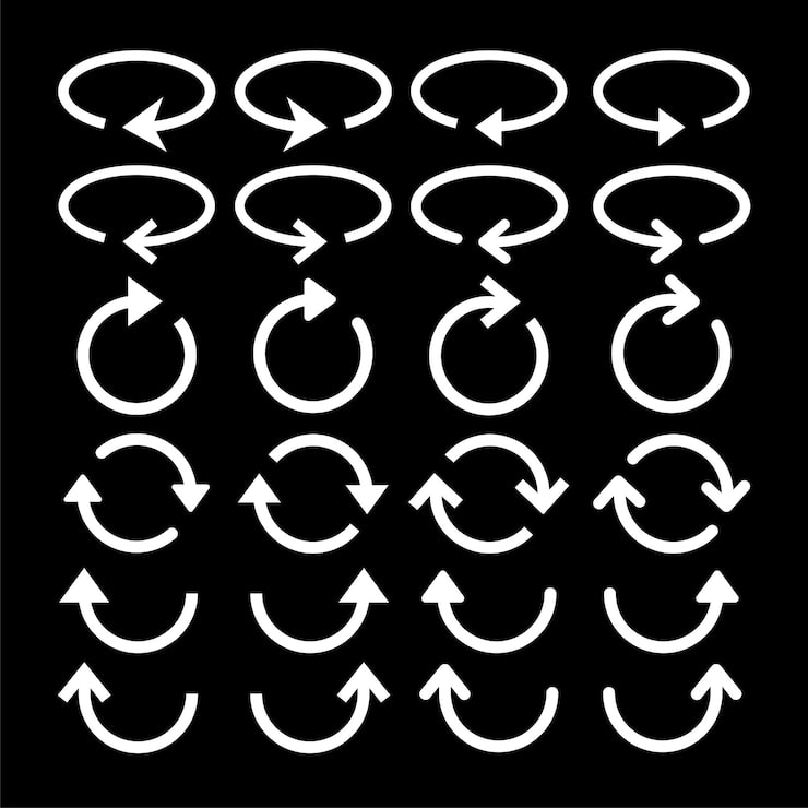 Vector set of 20 white arrow icons on a black background featuring various circular and rotating designs arrows pointing in different directions emphasizing rotation element vector set