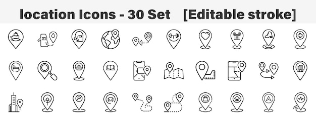 Set of 30 outline location icons Line art icon collection Editable stroke Vector illustration