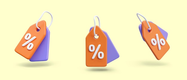 Set of 3D price tags in plasticine style Orange and purple tags with percent sign