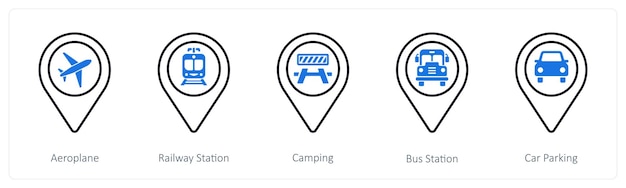 A set of 5 mix icons as aeroplane railway station camping