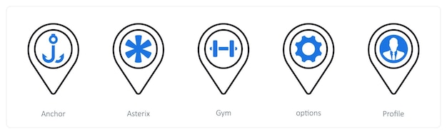 A set of 5 mix icons as anchor asterix gym