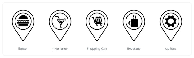 A set of 5 mix icons as burger cold drink shopping cart