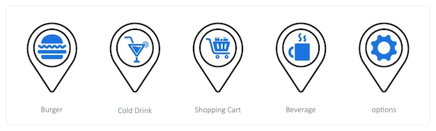 A set of 5 mix icons as burger cold drink shopping cart