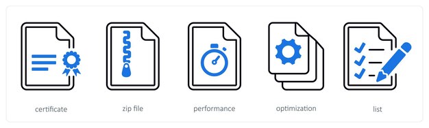 A set of 5 mix icons as certificate zip file performance