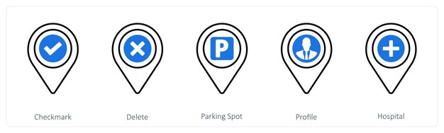 A set of 5 mix icons as checkmark delete parking spot