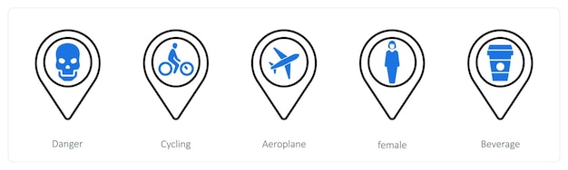 A set of 5 mix icons as danger cycling aeroplane