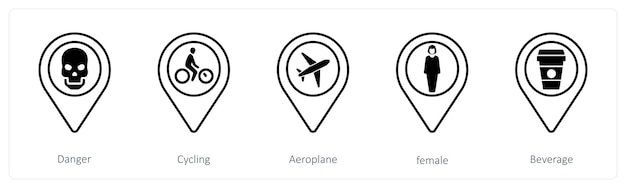 A set of 5 mix icons as danger cycling aeroplane