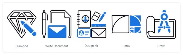 A set of 5 mix icons as diamond write document design kit