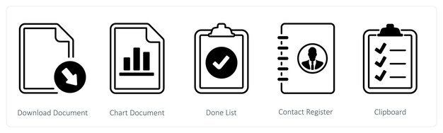 A set of 5 mix icons as download documen chart document done list