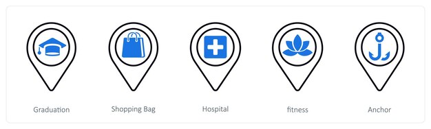 A set of 5 mix icons as graduation shopping bag hospital