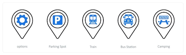 A set of 5 mix icons as options parking spot train