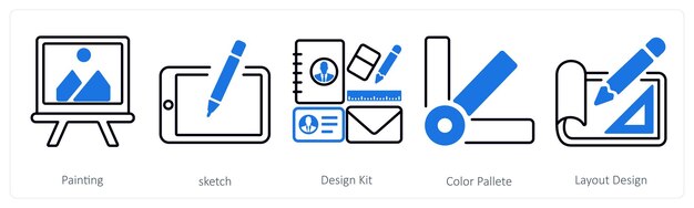 A set of 5 mix icons as painting sketch design kit