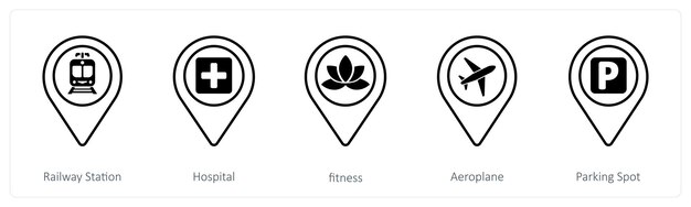 A set of 5 mix icons as railway station hospital fitness