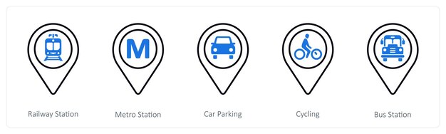 A set of 5 mix icons as railway station metro station car parking