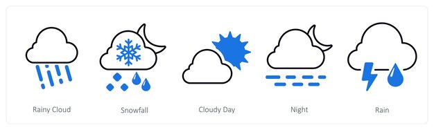 A set of 5 mix icons as rainy cloud snowfall cloudy day