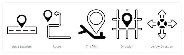 A set of 5 mix icons as road location route city map