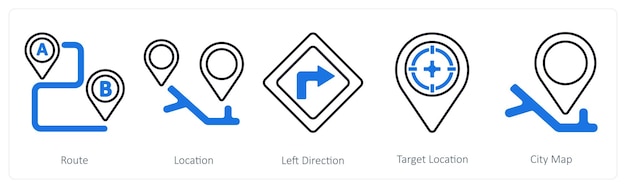 A set of 5 mix icons as route location left direction