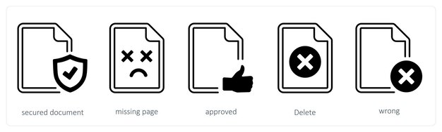 A set of 5 mix icons as secured document missing page approved