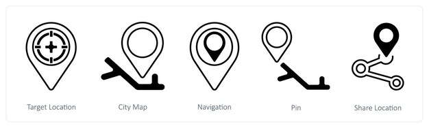 A set of 5 mix icons as target location city map navigation