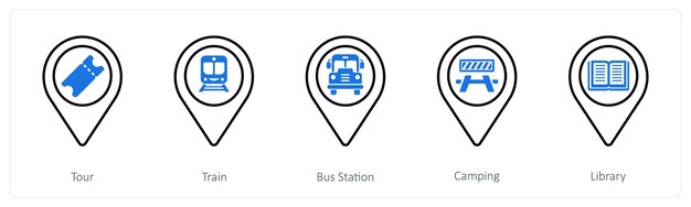 A set of 5 mix icons as tour train bus station
