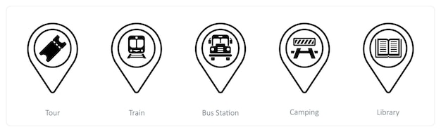 A set of 5 mix icons as tour train bus station