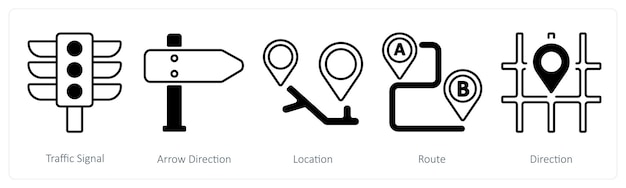 A set of 5 mix icons as traffic signal arrow direction location
