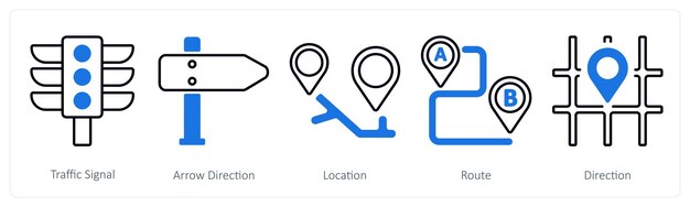 A set of 5 mix icons as traffic signal arrow direction location
