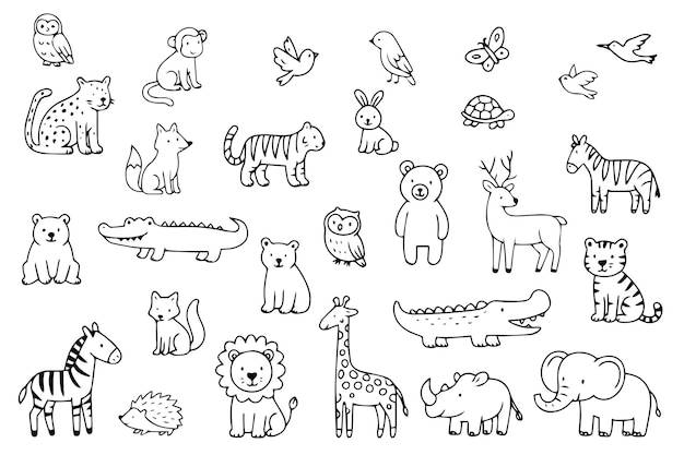Set of animals in doodle style Outline of hand drawn animals Vector illustration on white background