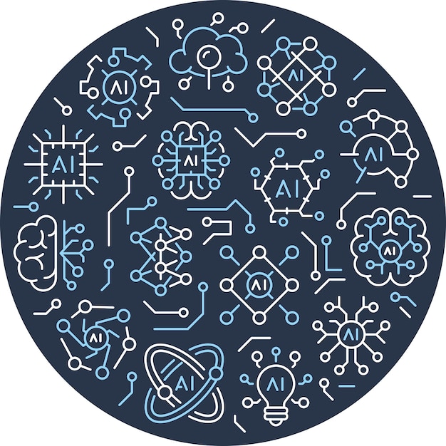 Set of artificial intelligence icons in a circular composition with a linear style Machine learning technology Neural network