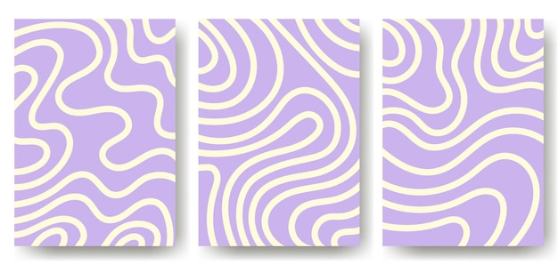 Set of backgrounds with abstract white lines on purple background Pattern in the form of waves curls Smooth graphic elements modern objects from vector abstract lines Striped background