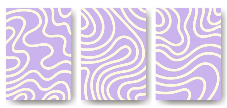 Vector set of backgrounds with abstract white lines on purple background pattern in the form of waves curls smooth graphic elements modern objects from vector abstract lines striped background