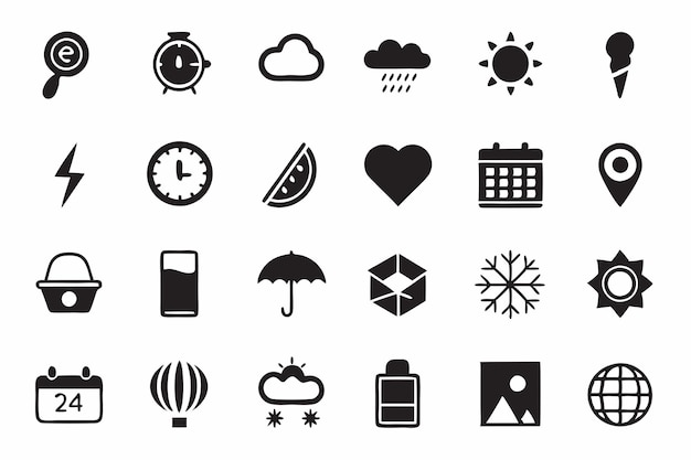 Set of Black and White Icons Weather Time Food and More