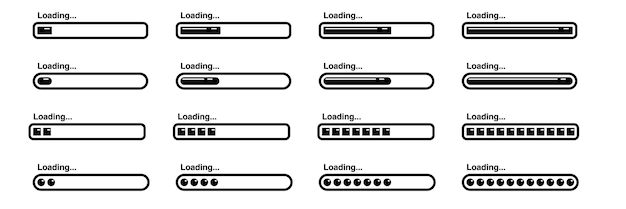 Set of black loading bar icons with various progress styles and shapes on white background modern minimal vector collection for web UI and digital interface design