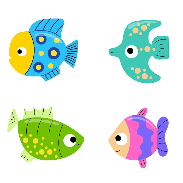 Set of bright tropical fish Cartoon ocean animals Exotic fish set